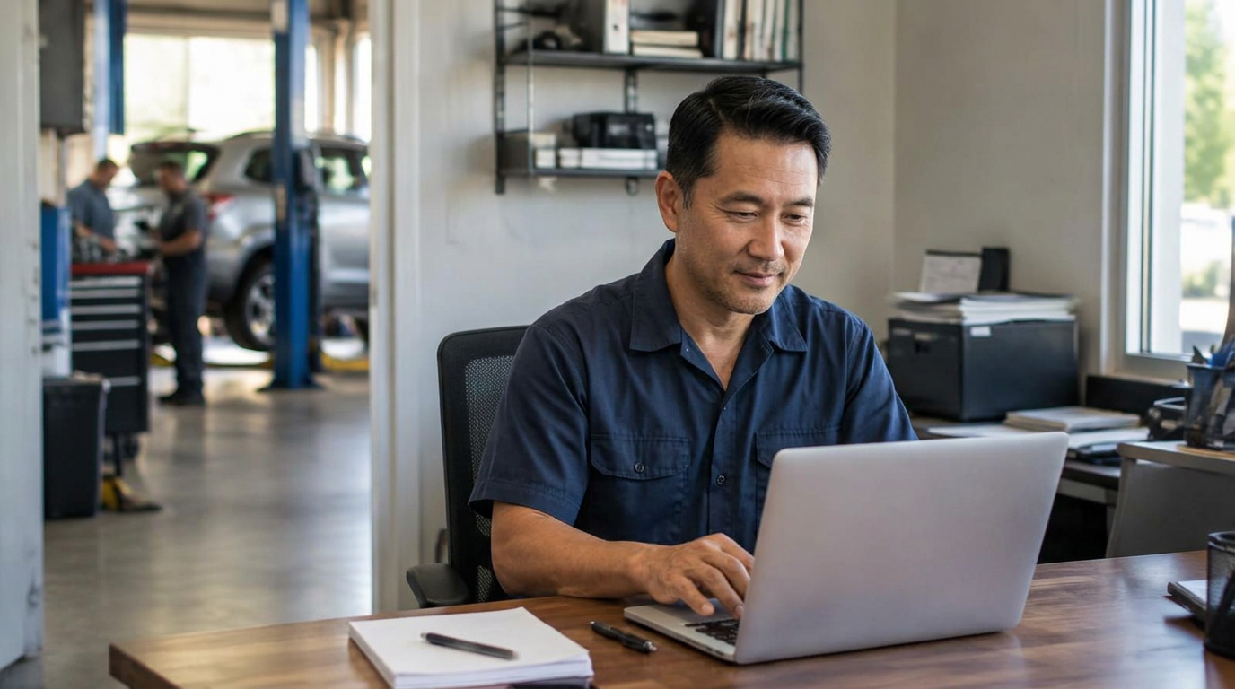 Owner of an auto repair shop working on a laptop in his office